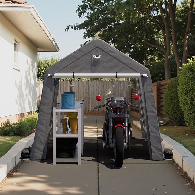 8x8 FT Outdoor Storage Shed, Portable Outdoor Storage Shelter with Roll Up Zipper Door and Vent Windows, Silver Grey