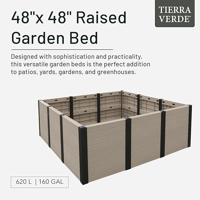 Tierra Verde 48-Inch x 48-Inch Raised Garden Bed with Tool-Free Connect System and Crafted from Recycled Materials, for Patios or Decks, Khaki