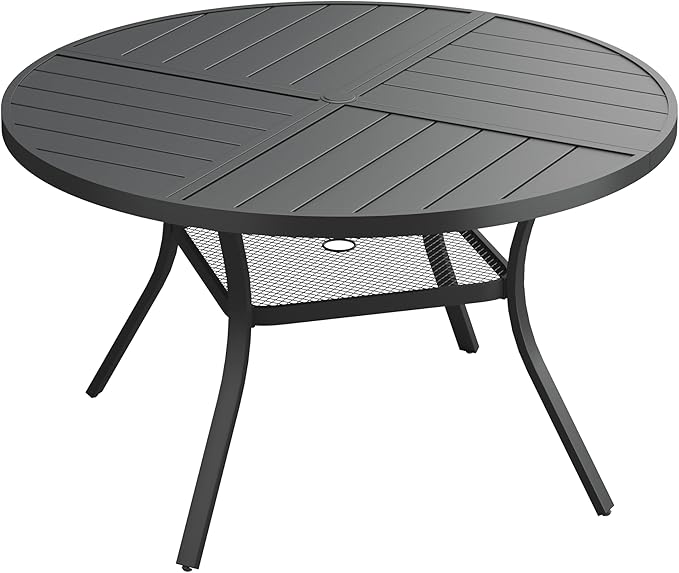 VICLLAX Round Patio Dining Table, 4-6 Person Metal Outdoor Dining Table with Umbrella Hole and Storage Shelf for Garden Lawn Deck, 47.2" Black