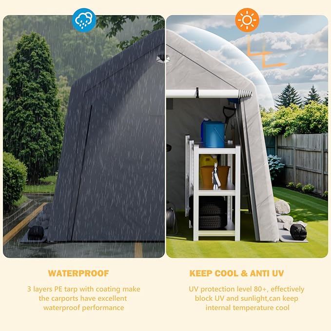 8x8 FT Outdoor Storage Shed, Portable Outdoor Storage Shelter with Roll Up Zipper Door and Vent Windows, Silver Grey