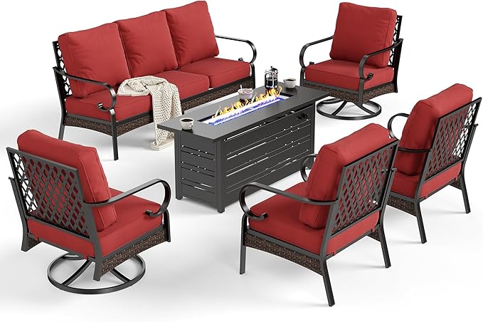 SUNSHINE VALLEY 6 Piece Metal Outdoor Patio Furniture Sets with Firepit Table, Patio Conversation Sets 1 3-Seater Sofa, 2 Leg Sofa and 2 Swivel Chair with 5.75" Cushion for Backyard Deck, Rust Red