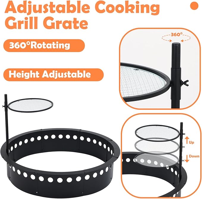 48 Inch Smokeless Fire Pit Ring with Grill Fire Ring for Outside Heavy Duty Metal Firepit Insert Round Steel Large Above/In-Ground Camping Firepit for Outdoor Camping Patio Picnic BBQ Garden