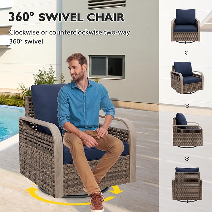 EAGLE PEAK Modern Wicker Outdoor Glider Rocking Chair, Swivel Rocker, Rattan Patio Furniture for Yard Deck Porch Garden, 1 Chair, Brown/Blue