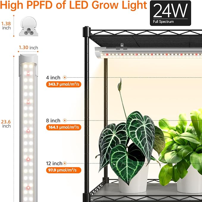 Bstrip Plant Shelf with Grow Light, Metal Plant Stand with Adjustable Rack and Wheels, 5 Pack 24W Full Spectrum Grow Light Strip for Indoor Plants, Seed Starting, Seed Tray, 29.5"x13.8"x71"