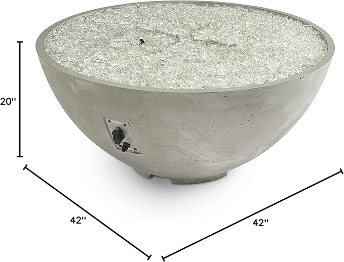 Outdoor GreatRoom Co Propane Fire Pit Table - Cove Gas Fire Pits for Outside Patio - 42 Inch Round Edge Bowl Concrete Firepit Fire Table, Glass Tabletop Cover, Tempered Clear Glass Gems, 105,000 BTU