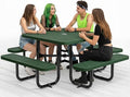 Metal Picnic Tables for Outdoors with Umbrella Hole - Coated Steel Heavy Duty Commercial Grade Furniture with Adjustable Seats (Green, 46 in, Square, Punched Steel)