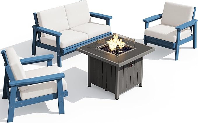SERWALL Patio Furniture Set with 33” Fire Pit Table, HDPE Outdoor Sectional Sofa Set with Thickened Cushions, Blue Frame with Khaki Cushions