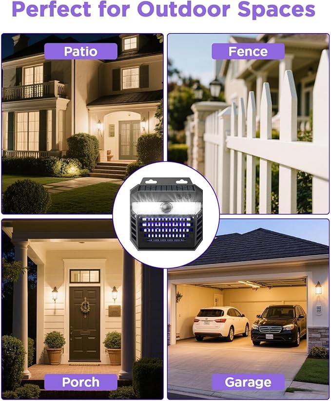 2-in-1 Solar Bug Zapper Outdoor Waterproof with Motion Sensor Light, Cordless Mosquito Zapper Outdoor with 3 Modes, Rechargeable Mosquito Killer Lamp for Patio (Black)