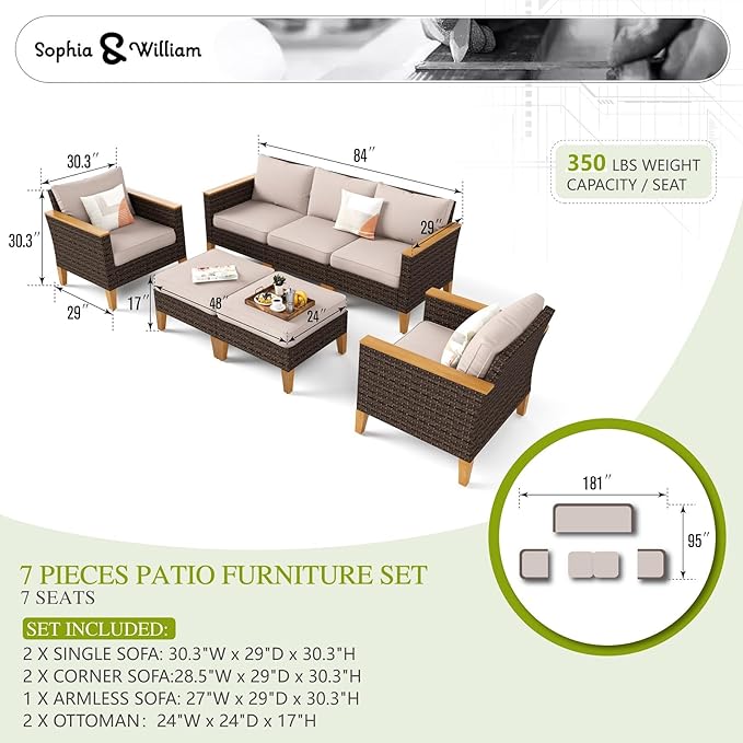 Sophia & William Wicker Patio Furniture Set, Outdoor Rattan Sectional Sofa 7 Piece Patio Conversation Set with 2 x Corner Sofa, 2 x Single Chairs, 1 x Armless Couch, 2 x Ottoman for Deck, Backyard