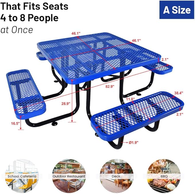 Rueekfil 46" Thermoplastic Picnic Table with Umbrella Hole up to 1.5", Heavy Duty Commercial Picnic Table for Outdoor, Family & Party Ready for School Camping, Square, Blue