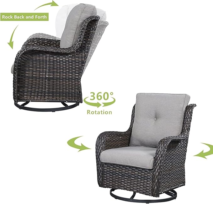 HUMMUH 7 Pieces Patio Furniture Set with Fire Pit Table Outdoor Conversation Set PE Wicker Patio Couch Swivel Glider Chairs Ottomans for Balcony Garden,Lawn,Deck