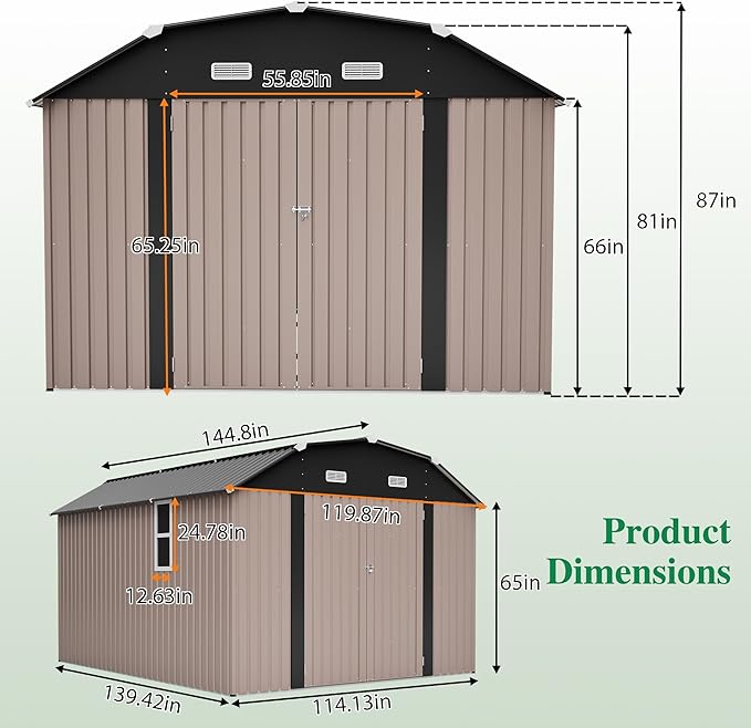 Outdoor Storage Shed, 10 X 12 FT Large Metal Utility Tool Sheds with Floor Frame & Windows, Steel Garden Shed with Updated Frame Structure for Backyard Patio Lawn, Brown