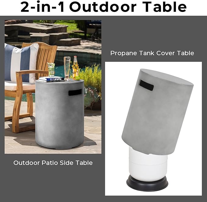 Propane Tank Cover Table, 16 X 20 inch Round Outdoor Propane 20 LB Tank Storage Box Hideaway with Side Handles Tank Holder for Outside Patio Backyard, Grey