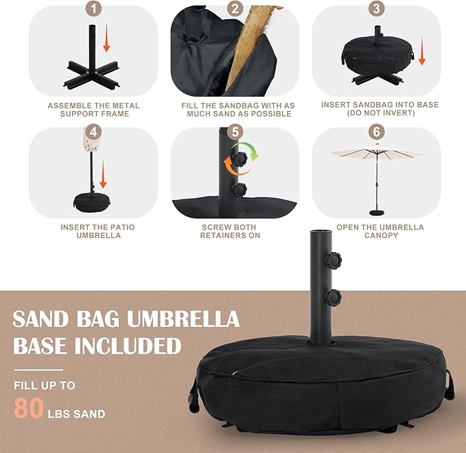 Sundale Outdoor Olefin 5-Year-Non-Fading Solar 88 LED 10FT Solar Patio Umbrella with Sand Bag Base, Outdoor Umbrella with Tilt and Crank, Beige