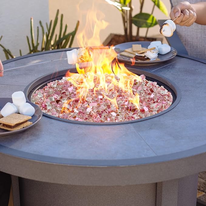 Onlyfire 10 pounds Fire Glass for Propane Fire Pit and Gas Fireplace, 1/4 Inch Reflective Firepit Glass Rocks for Fire Pit Table and Fire Bowl, High Luster Rose Gold