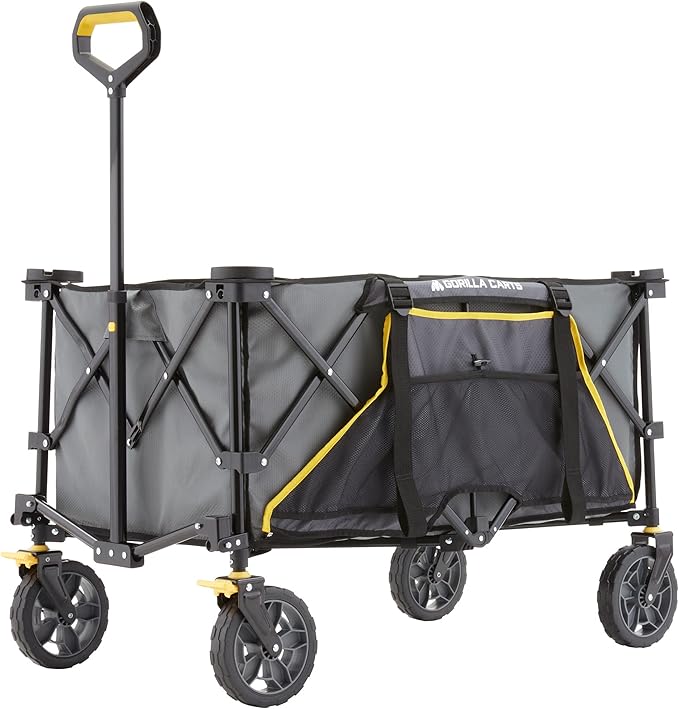 Gorilla Carts Collapsible Folding Outdoor Utility Wagon, 7 Cu Ft Oversized Bed, 150 lb Load Rating, Gray – Foldable Rolling Cart w/ Pockets & Cup Holders for Beach, Camping, Sports or Picnic