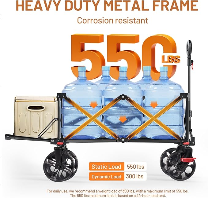 TIMBER RIDGE 47"L Collapsible Folding Wagon with Tailgate, 550lbs Heavy Duty Beach Wagon with All-Terrain Big Wheels, 250L Foldable Utility Wagon Cart for Sand Camping Sports Shopping, Orange
