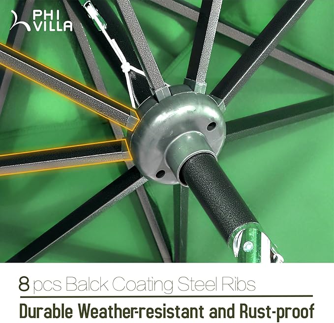 PHI VILLA 10ft Patio Umbrellas with 24 pcs LED Solar Lights, Outdoor Market Table Lighted Umbrella with 8 Steel Ribs, Tilt for UV-Resistant, Lotus Leaf Shape Canopy, Green