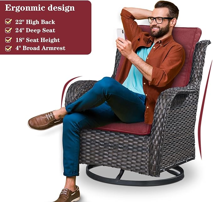Belord Outdoor Swivel Rocker Patio Chairs - 360 Degree Swivel Glider Seating Wicker Rocking Chairs Set of 2 with High Back Deep Seat for Porch Balcony Deck, Brown/Red