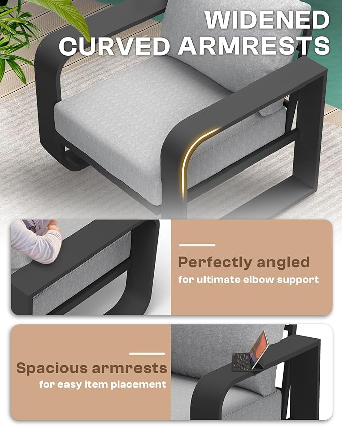 Oasbira Aluminum Outdoor Sofa Bistro Set, Oversized Patio Conversation Sets Widened Armrest & Ultra-Thick Cushions, Deep Seating Patio Furniture Set for Backyard, Porch, Gray