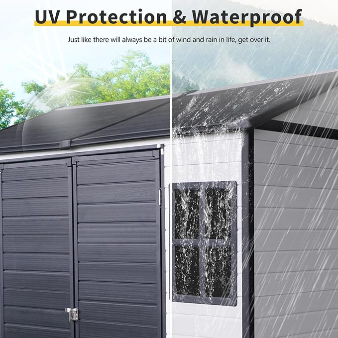 8x6 ft Outdoor Resin Storage Shed with Floor, Waterproof Plastic Garden Shed with Lockable Door and Two Windows, All-Weather Tool Sheds for Backyard, Patio, Lawn (Grey & White)