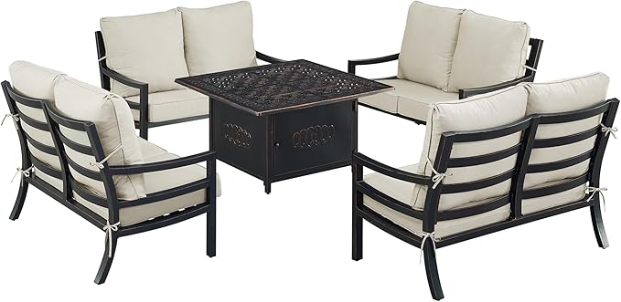 Oakland Living Black Aluminum Patio Fire Table Set with Four Deep Seating Loveseat with Cushions with Light Grey Cushions