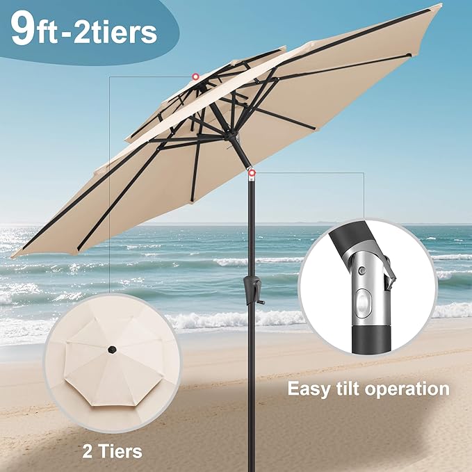 FLAME&SHADE 9ft Patio Umbrella - 2 Tiers Outdoor Umbrella with Push Button Tilt and Crank for UV Protection, Table Market Umbrella for Garden, Deck, Backyard, Pool and Beach(Beige)