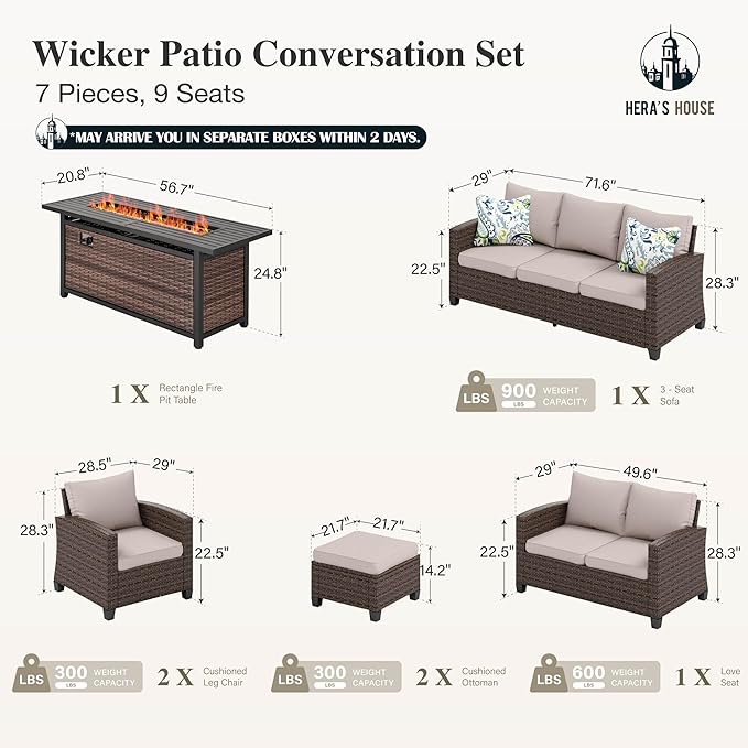 HERA'S HOUSE Wicker Patio Furniture Set with Fire Pit Table, Outdoor Rattan Conversation Sofa Sets for Lawn Yard
