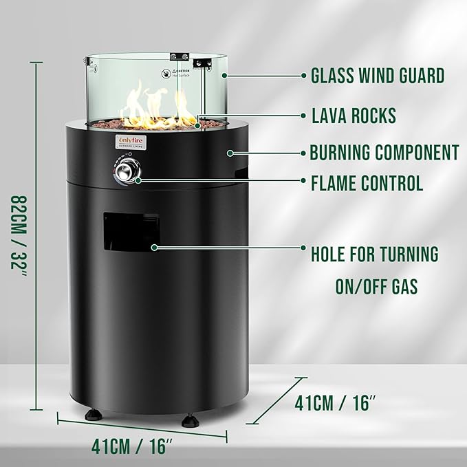 ONLYFIRE OUTDOOR LIVING Detachable Gas Fire Pit with Lava Rocks, Glass Shield & Wheels, Smokeless Propane Fireplace with Hose for Patio Backyard Camping RV Tailgating Restaurant Beach, Round, #FP034