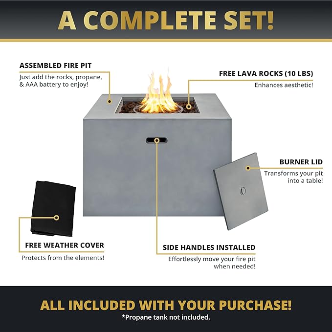 Mazatzal 4 Piece Outdoor Patio Furniture Set with 32 Inch Square Propane Fire Pit, Wicker Rattan Outdoor Loveseat and Stationary Chairs, Aluminum Frame, Includes Fire Glass & Wind Guard