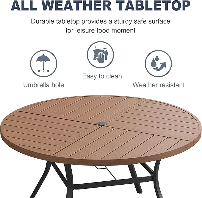 VICLLAX Round Patio Dining Table, 6 Person Metal Outdoor Dining Table with Umbrella Hole and Storage Shelf for Garden Lawn Deck, 50" Walnut