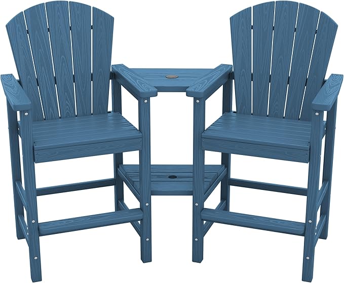 SERWALL Tall Adirondack Chairs Set of 2 with Double Layer Connecting Tray, HDPE Bar Height Outdoor Chairs, Wood-Like Adirondack Bar Stools for Patio, Balcony, Porch, Blue