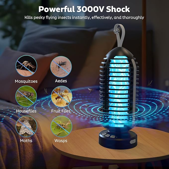 Bug Zapper Outdoor, Mosquito Zapper Outdoor Portable Electric Fly Zapper Rechargeable Mosquito Killer with LED Lights, 4200V Fly Trap Indoor for Home Backyard, Patio, Garden, Camping