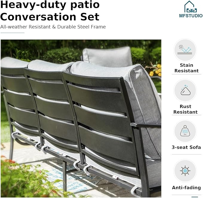 MFSTUDIO 5 Pieces Patio Conversation Sets, Outdoor Metal Furniture Sofas with 1 x 3-Seat Sofa, 2 x Rocking Chairs, 2 x Ottoman, Durable Steel Frame with Grey Cushion for Patio Balcony
