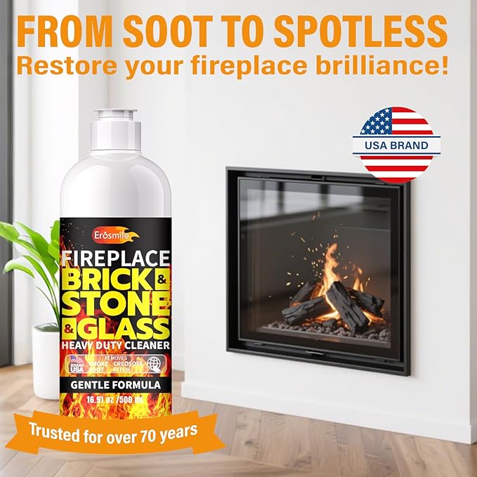 Fireplace Cleaning Set Fireplace Soot Remover with Scrub Brush for Brick, Stone, Rock, Tile, and Marble – Nonabrasive Brick Cleaner, Gentle Formula for Bricks & Glass Indoor and Outdoor -16.91 oz