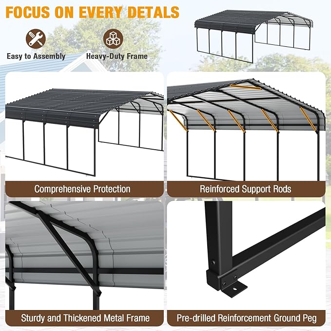 EBE 20' x 20' Metal Carport, Outdoor Heavy Duty Carports with Updated Galvanized Roof and Enhanced Base, Canopy Carport Garage Shade for Car, Truck, Boat