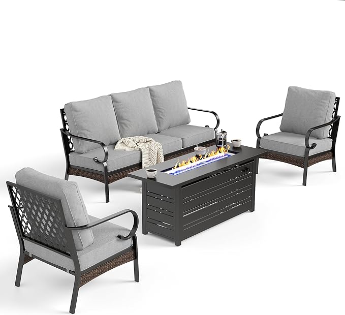 SUNSHINE VALLEY 4 Piece Black Metal Outdoor Patio Furniture Sets with Firepit Table, Patio Conversation Sets 1 3-Seater Sofa, 2 Single Sofa with 5.75" Cushion Backyard Furniture for Deck, Light Gray