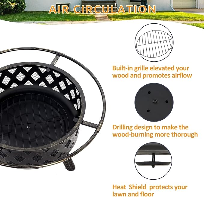Amopatio Outdoor Fire Pit with Mat & Cover, 30 Inch Large Wood Burning Fire Pits, Patio Backyard Firepit with Steel BBQ Grill Cooking Grate, Spark Screen & Poker for Garden, Bonfire, Camping, Picnic