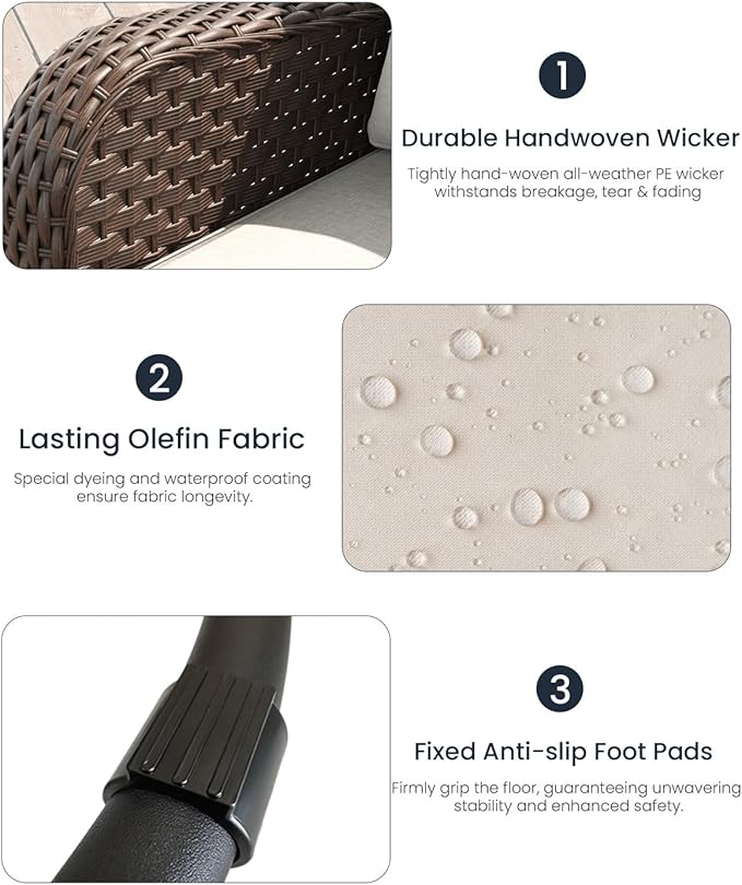 LayinSun 7 Piece Wicker Outdoor Furniture Set with 6-inch Comfy Cushions, High Back Patio Furniture Set with Rattan Armchairs and Fire Pit Table