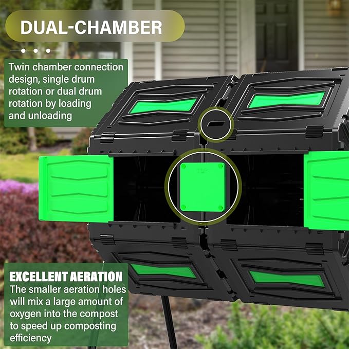 AACULPET 45 Gallon Dual Chamber Compost Tumbler, BPA-Free Rotating Outdoor Composter for Kitchen Waste & Yard, Heavy-Duty Fast Composting Bin for Sustainable Winter Gardening & Spring Prep