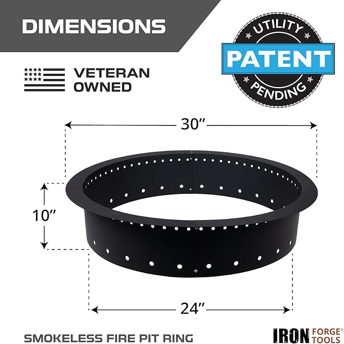 Iron Forge Tools Fire Pit Ring 30 Inch Outer/24 Inch Inner - Outdoor Heavy Duty Metal Round Smokeless Fire Ring Insert Liner - Utility Patent Pending (30x24x10)