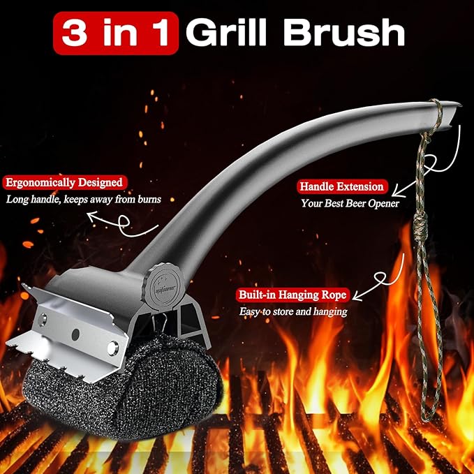 Purgreat Grill Brush for Outdoor BBQ - Replaceable Bristle Free Heading and Reinforced Scraper - Safe BBQ Brushes for Porcelain/Gas/Charcoal/Smoker/Cast Iron Grill - Cleaning Brush(Black)