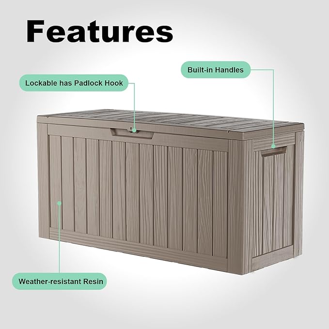 Vixzen 90 Gallon Resin Deck Box, Lockable Outdoor Storage Box for Patio Cushions Storage Furniture,Garden Tools, Pool Supplies, Weatherproof and UV Resistant-Grey