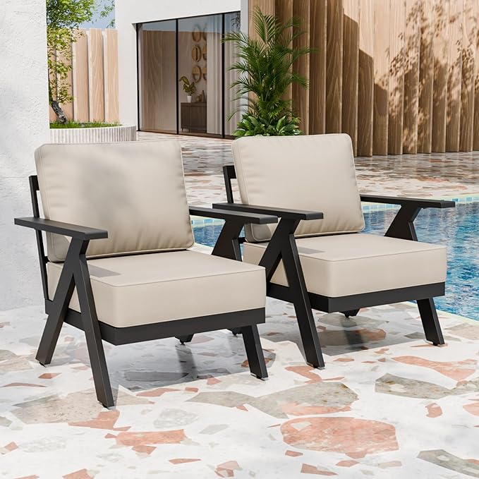Urban Anvil 2 Pieces Patio Furniture Outdoor Metal Armchairs, All-Weather Patio Accent Chairs with Cushions for Balcony, Porch, Deck, Black/Beige
