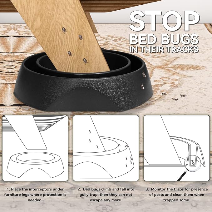Bed Bug Interceptors | Bed Bug Interceptor Traps | Insect Trap, Monitor, and Detector for Bed Legs with Anti Skid Pads Included (Black - 8 Pcs)