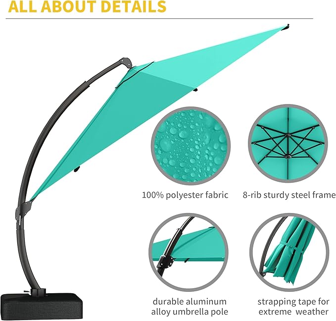 Kingdura 11ft Cantilever Patio Umbrella with Base Included, Large Round Offset Outdoor Pool Umbrella, 360° Rotation & Infinite Tilt, Heavy Duty Aluminum Frame for Deck Backyard, Turquoise Blue