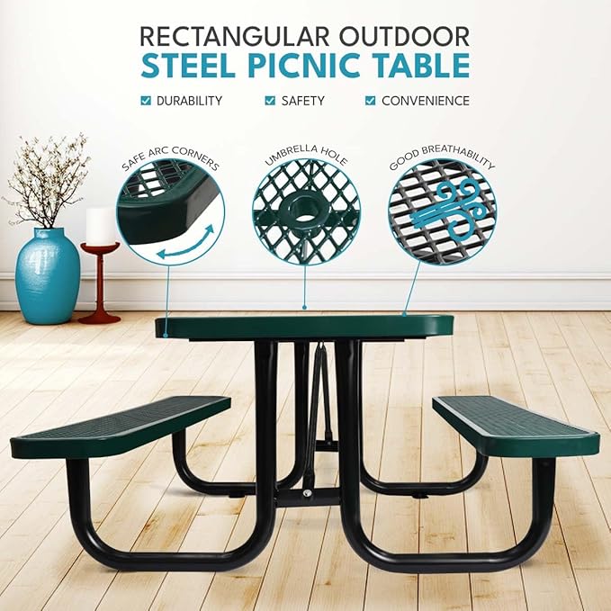 Phyfalip 6 ft. Rectangular Outdoor Steel Picnic Table with Umbrella Pole, Heavy-Duty Weather-Resistant Dining Table for Patio, Backyard, and Garden, Rust-Resistant Finish, Green