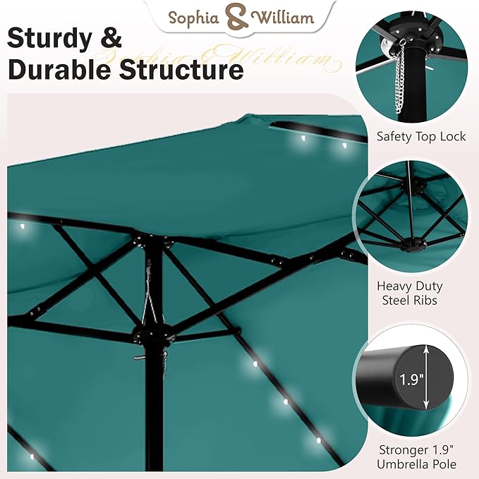 Sophia & William 15 ft Extra Large Patio Umbrella with Solar Lights, Rectangular Outdoor Umbrella with Base Included, Market Umbrella Double-sided Heavy Duty for Pool Garden Backyard, Turquoise