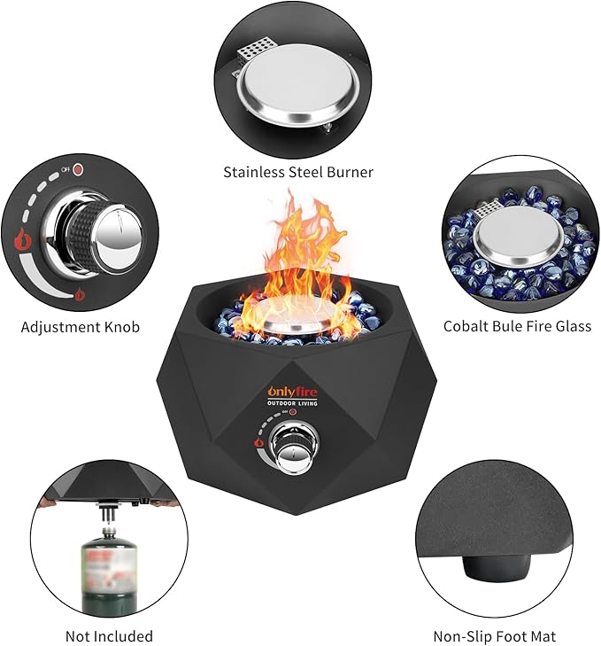 ONLYFIRE OUTDOOR LIVING Propane Gas Fire Pit Bottom-Mounted, 14" Portable Gas Firepit with Glass Stones for Table with Umbrella Hole for Outdoor Patio Camping Bonfire RV, #FP003