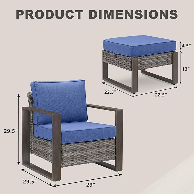 Rilyson Outdoor Wicker Patio Furniture Set - 4 Piece Patio Conversation Set with 2 Wicker Armrest Chairs,2 Rattan Ottoman, Sturdy Frame, Thick Cushions, Deep Seating(Mixed Grey/Blue)